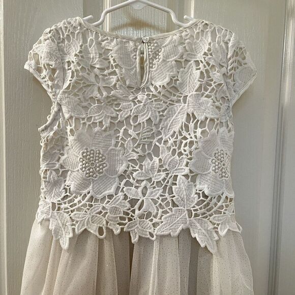 H&M Cream Floral Lace and Tulle Dress Gold Glitter Holiday Girls Size 8-9 - Picture 10 of 13